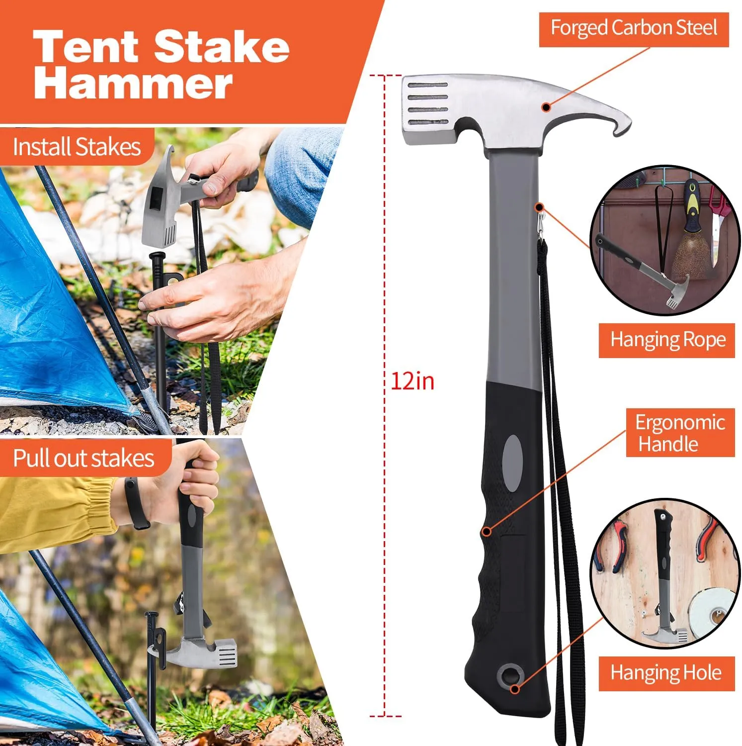 Tent Stakes and Hammer Set, 32 Pack 16in Heavy Duty Forged Steel Tent Stakes   12in Heavy Duty Camping Hammer   Storage Pouch, Available in Rocky Place(32 Pack 16in Stakes   Hammer)