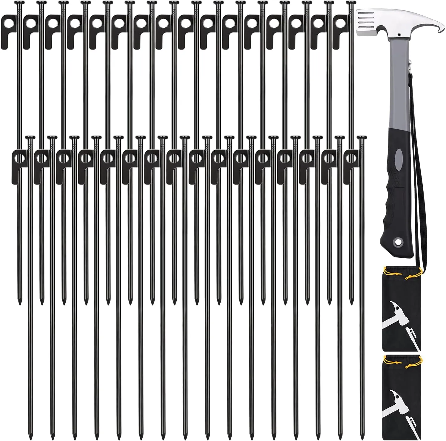 Tent Stakes and Hammer Set, 32 Pack 16in Heavy Duty Forged Steel Tent Stakes   12in Heavy Duty Camping Hammer   Storage Pouch, Available in Rocky Place(32 Pack 16in Stakes   Hammer)