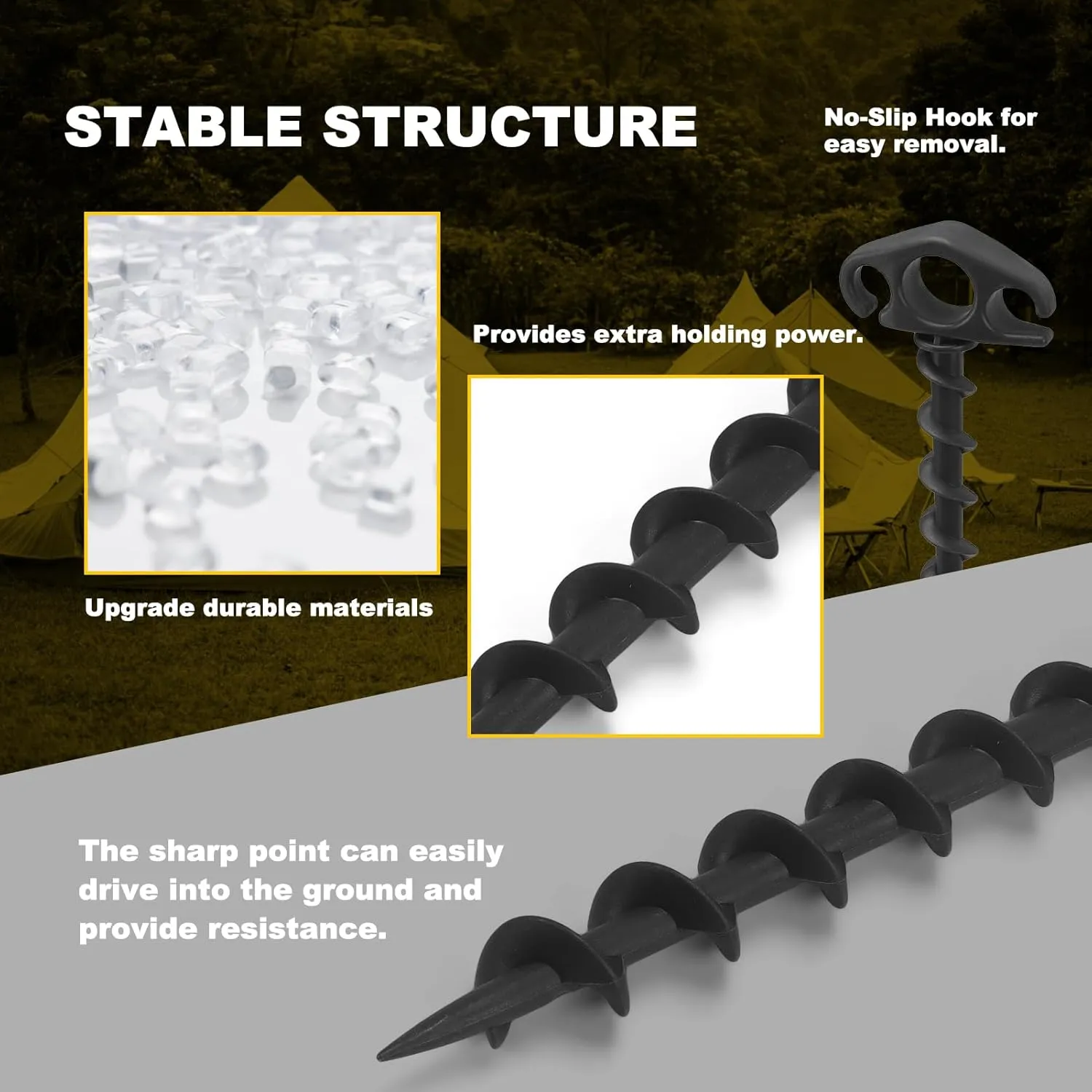 Tent Stakes Sand Stakes for Beach Tent 10 Pack Spiral Anchor Stakes 9.4 Inch Heavy Duty Screw Canopy Stakes for Camping, Hiking and More(10, Black)