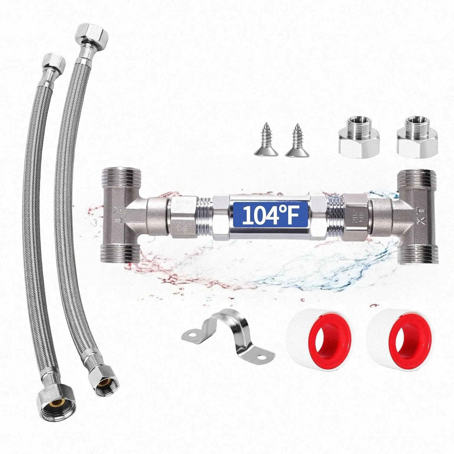 Thermal Bypass Sensor Valve – Compatible with watts 500800, 500805, grundfos UP Comfort & Most Hot Water Recirculating Pumps – 304 SS, Includes 2 x 12" Hoses – 3-Yr Warranty