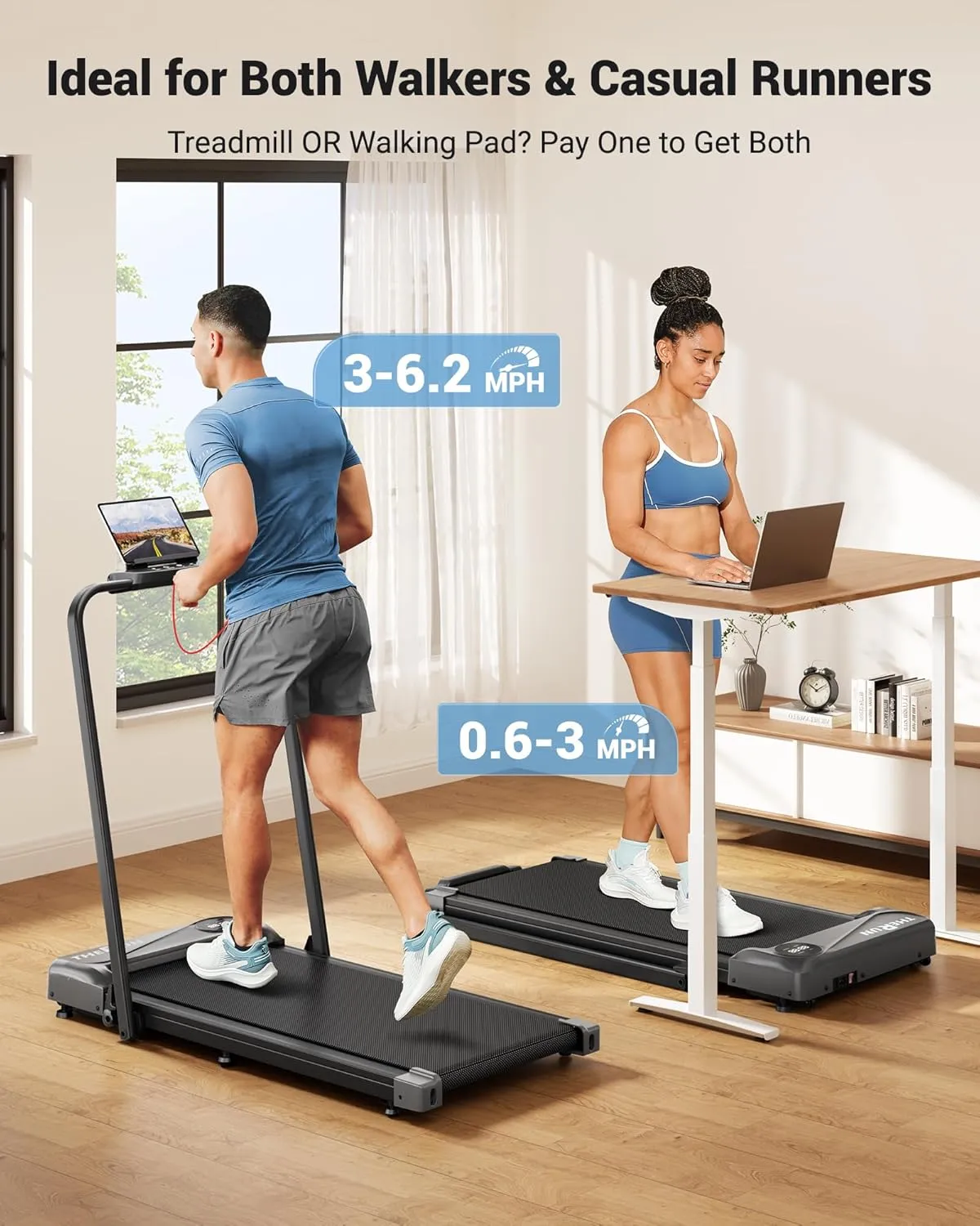 THERUN Walking Pad Treadmill, 2.5 HP Under Desk Treadmills, 2 in 1 Foldable for Home, Walking Pad with Handle Bar, 16" Widened Running Belt, with Remote Control & LED Touch Screen