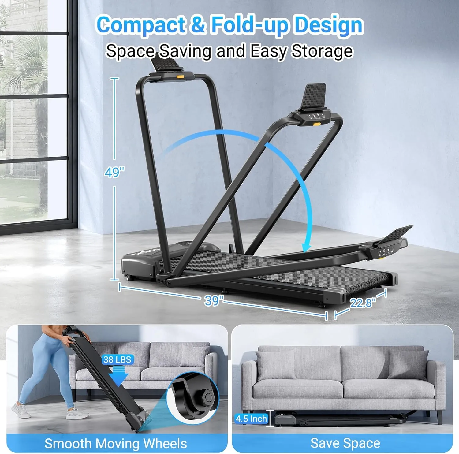 THERUN Walking Pad Treadmill, 2.5 HP Under Desk Treadmills, 2 in 1 Foldable for Home, Walking Pad with Handle Bar, 16" Widened Running Belt, with Remote Control & LED Touch Screen