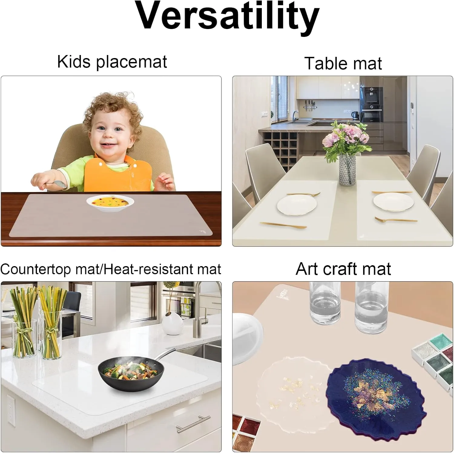 Thick Silicone Counter Mat Large Set of 2, Heat Resistant Pad for Kitchen Table/Countertop Protector/Non Stick Pastry Baking Placemats, Silicone Mat for Crafts Kids (20×28, Translucent)