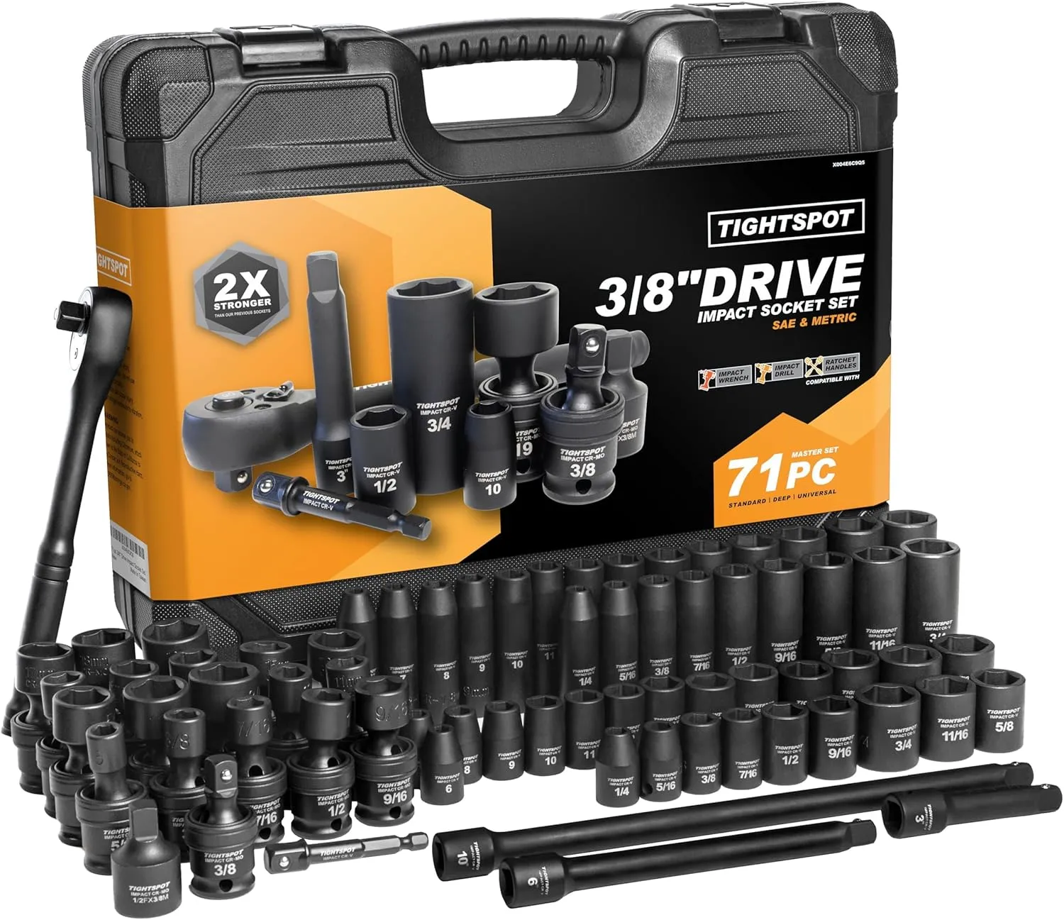 TIGHTSPOT 3/8" Drive 71pc Impact Socket Master Set Inch Metric 1/4"-3/4" 6-19mm CR-V CR-MO Universal Joint Deep Standard Sockets 90-Tooth Ratchet Extensions Heavy Duty Mechanic Tool Kit