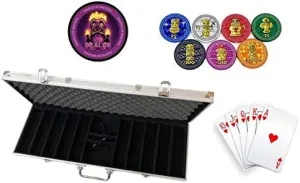 Tiki Kings 500 Piece Poker Chip Set with Denominations - Aluminum Case, Cards, Dealer Button (Tournament Breakdown)