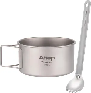 Titanium Camping Bowl 550ml with Foldable Handle and Titanium Long Handle Spork