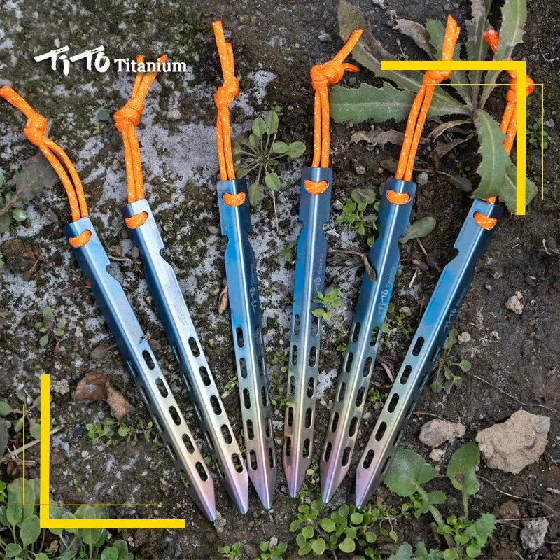 TiTo Titanium Tent Stake 6pcs/lots Colorful  V Shaped Windproof Outdoor Camping Tent  Nail  with Rope Suitable for Soft Ground
