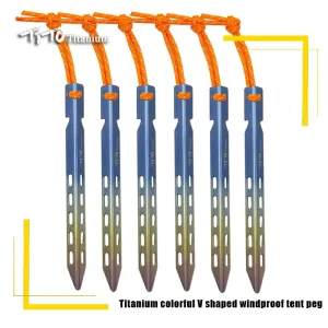 TiTo Titanium Tent Stake 6pcs/lots Colorful  V Shaped Windproof Outdoor Camping Tent  Nail  with Rope Suitable for Soft Ground