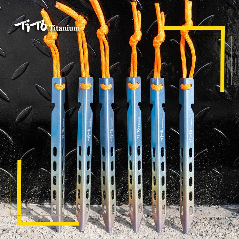 TiTo Titanium Tent Stake 6pcs/lots Colorful  V Shaped Windproof Outdoor Camping Tent  Nail  with Rope Suitable for Soft Ground
