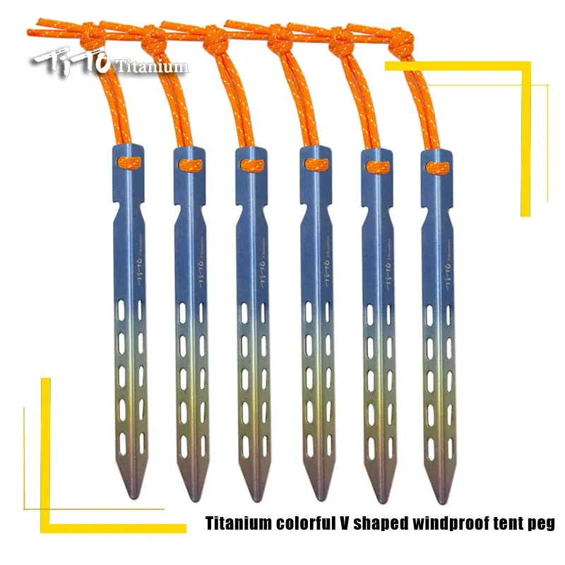 TiTo Titanium Tent Stake 6pcs/lots Colorful  V Shaped Windproof Outdoor Camping Tent  Nail  with Rope Suitable for Soft Ground