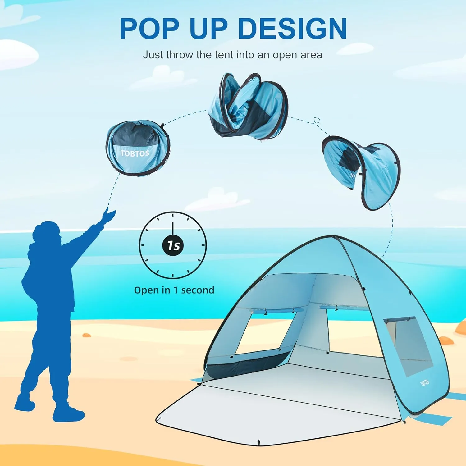 TOBTOS UPF 50  Pop Up Beach Tent, Easy Set Up Beach Umbrella, Sun Shelter for 2-3 People UV Protection Portable Sunshade, Baby Canopy Cabana, Lightweight with Carry Bag