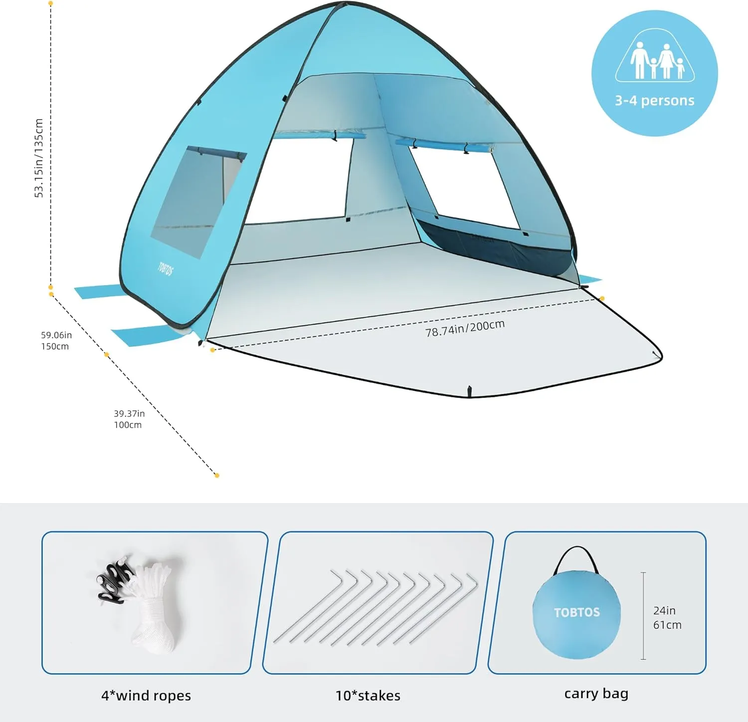 TOBTOS UPF 50  Pop Up Beach Tent, Easy Set Up Beach Umbrella, Sun Shelter for 2-3 People UV Protection Portable Sunshade, Baby Canopy Cabana, Lightweight with Carry Bag