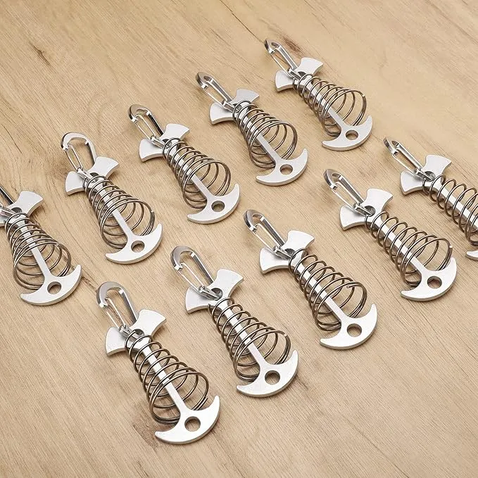 TOBWOLF 10PC Silver Deck Tie Down Anchors Fishbone Tent Pegs with Carabiners, Aluminum Tent Stakes Wind Rope Anchors Spring Deck Anchor Pegs Windproof Tent Rope Tightener Camping Outdoor Accessories