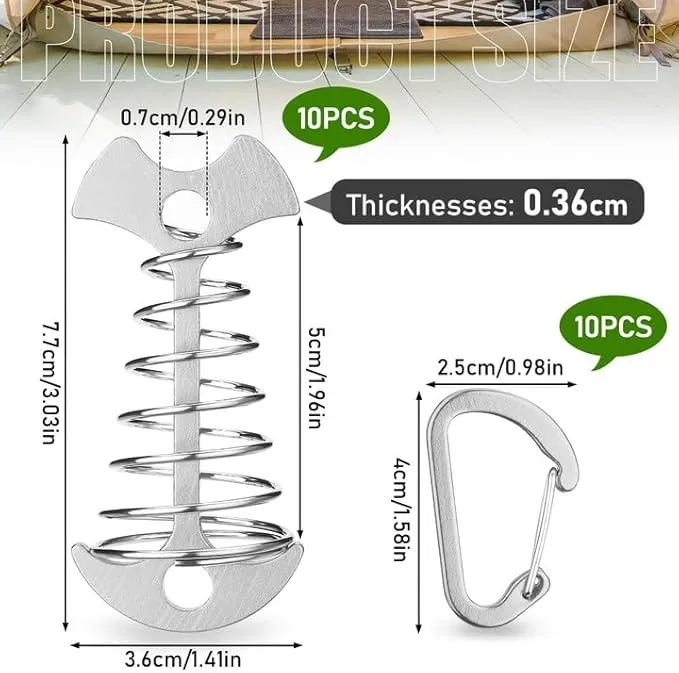 TOBWOLF 10PC Silver Deck Tie Down Anchors Fishbone Tent Pegs with Carabiners, Aluminum Tent Stakes Wind Rope Anchors Spring Deck Anchor Pegs Windproof Tent Rope Tightener Camping Outdoor Accessories