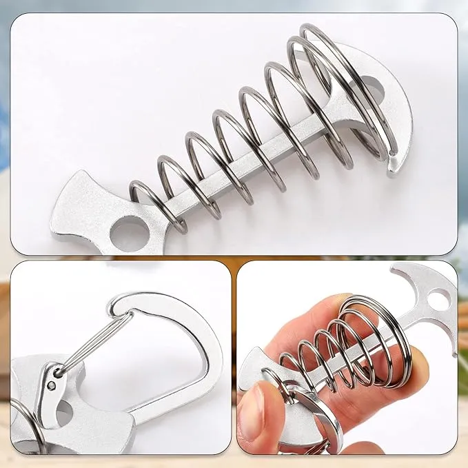 TOBWOLF 10PC Silver Deck Tie Down Anchors Fishbone Tent Pegs with Carabiners, Aluminum Tent Stakes Wind Rope Anchors Spring Deck Anchor Pegs Windproof Tent Rope Tightener Camping Outdoor Accessories