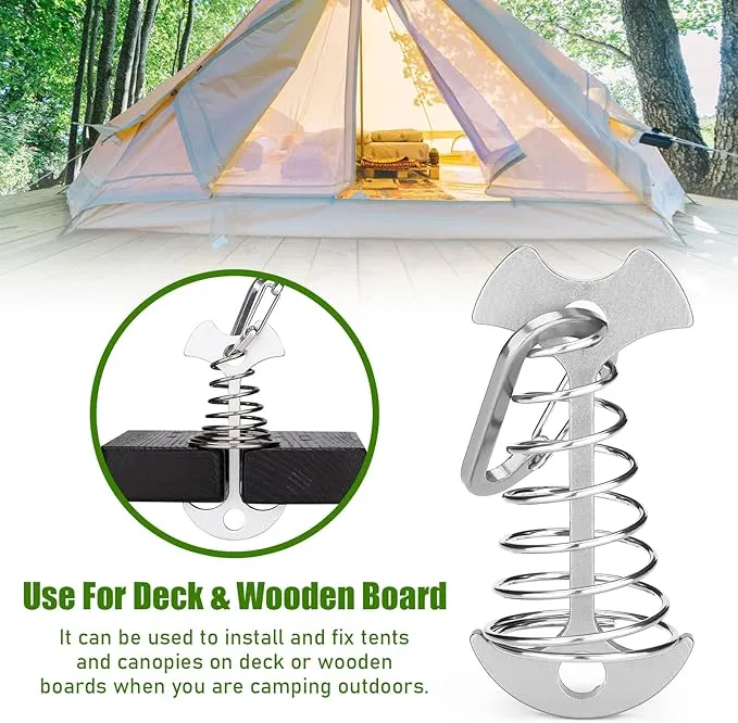 TOBWOLF 10PC Silver Deck Tie Down Anchors Fishbone Tent Pegs with Carabiners, Aluminum Tent Stakes Wind Rope Anchors Spring Deck Anchor Pegs Windproof Tent Rope Tightener Camping Outdoor Accessories