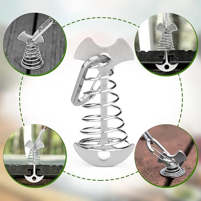 TOBWOLF 10PC Silver Deck Tie Down Anchors Fishbone Tent Pegs with Carabiners, Aluminum Tent Stakes Wind Rope Anchors Spring Deck Anchor Pegs Windproof Tent Rope Tightener Camping Outdoor Accessories