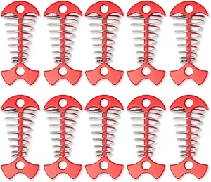 TOBWOLF 10PCS Deck Anchor Pegs, Windproof Aluminium Alloy Fishbone Tent Stakes with Spring Buckle, Portable Wind Rope Anchor, Camping Tent Nail