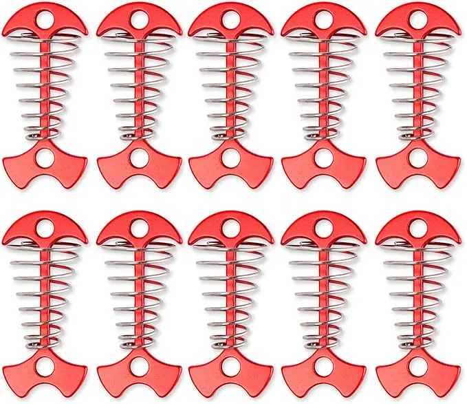 TOBWOLF 10PCS Deck Anchor Pegs, Windproof Aluminium Alloy Fishbone Tent Stakes with Spring Buckle, Portable Wind Rope Anchor, Camping Tent Nail