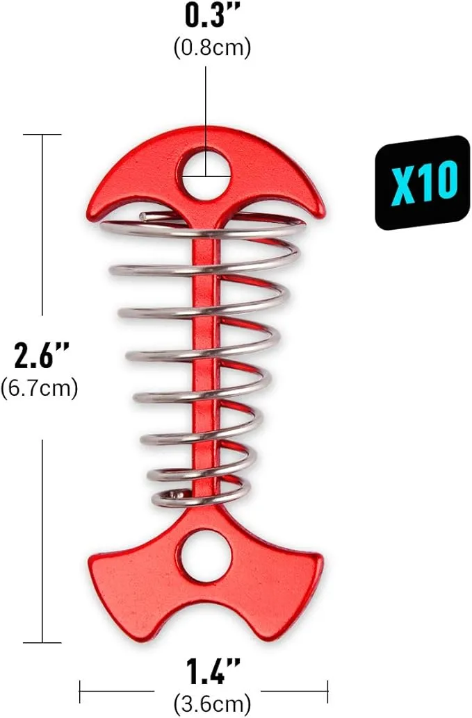 TOBWOLF 10PCS Deck Anchor Pegs, Windproof Aluminium Alloy Fishbone Tent Stakes with Spring Buckle, Portable Wind Rope Anchor, Camping Tent Nail