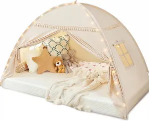Toddler bed Tent Canopy: Lights & Flags Indoor Floor Bed Kids Tent PlayHouse - Portable & Foldable Twin Bunk bed Curtains - Large Size Girls & Boys House Bedroom Privacy Space Sleeping Tents Gifts