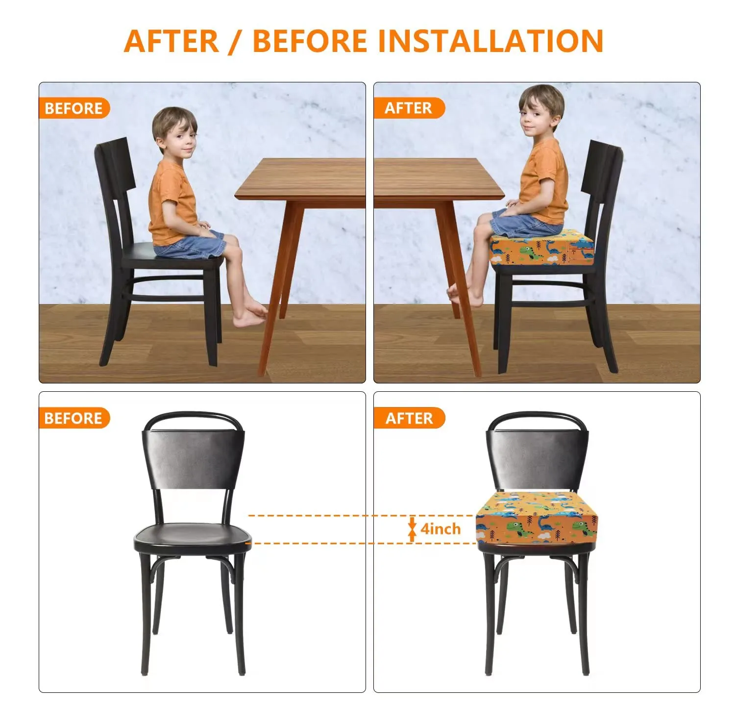 Toddler Booster Seat for Dining Table - 4in Cushion, Portable Booster for Baby, Adjustable Kids Chair Height, Washable Seat Pad Mat