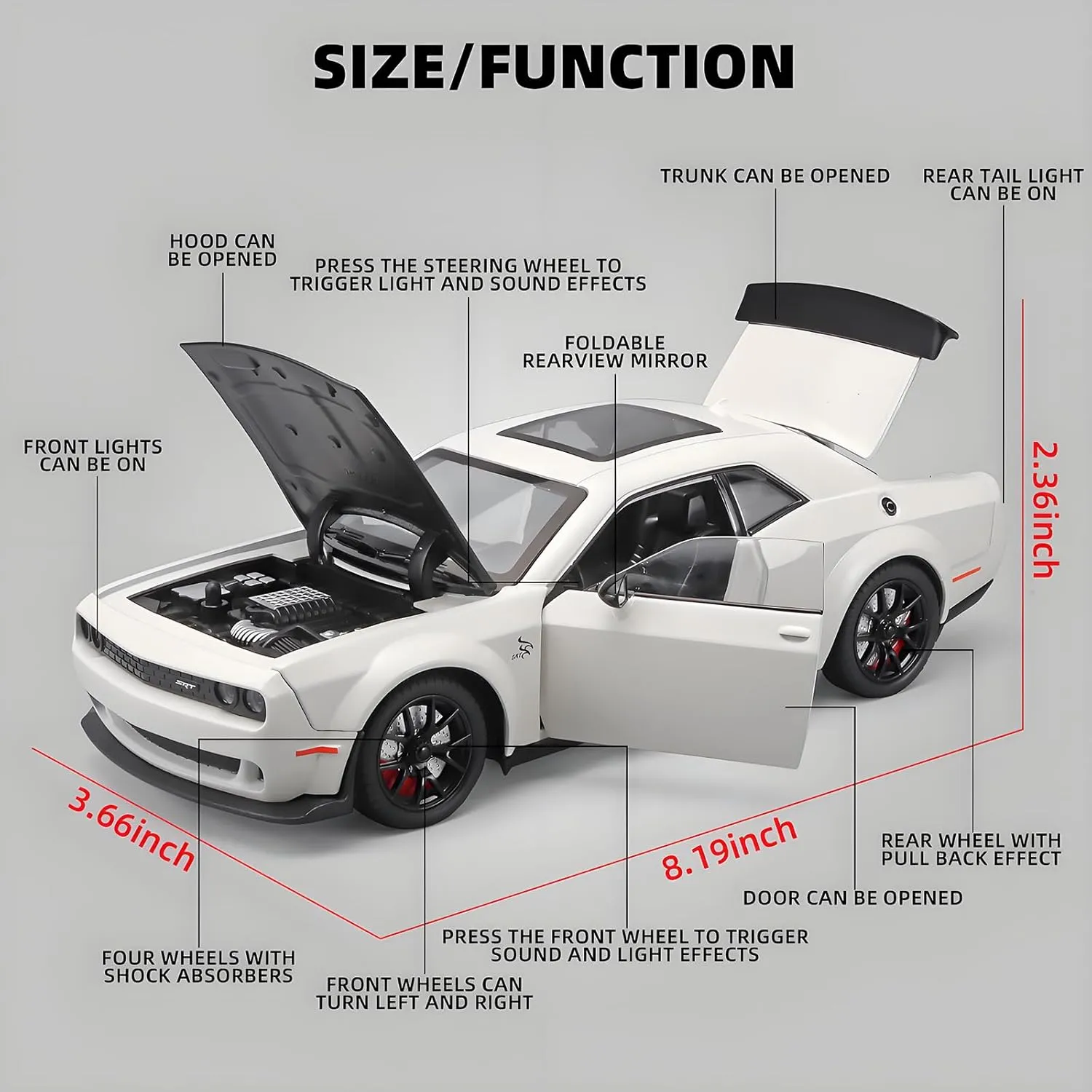 Toddler Toy Cars 1/24 Challenger Hellcat Die Cast Metal Toy Car,Collectible Cars Hellcat Model Car Boy Gifts,Pull Back Toy Car with Light and Sound,Toy Cars for Boys Age 4-7(White)