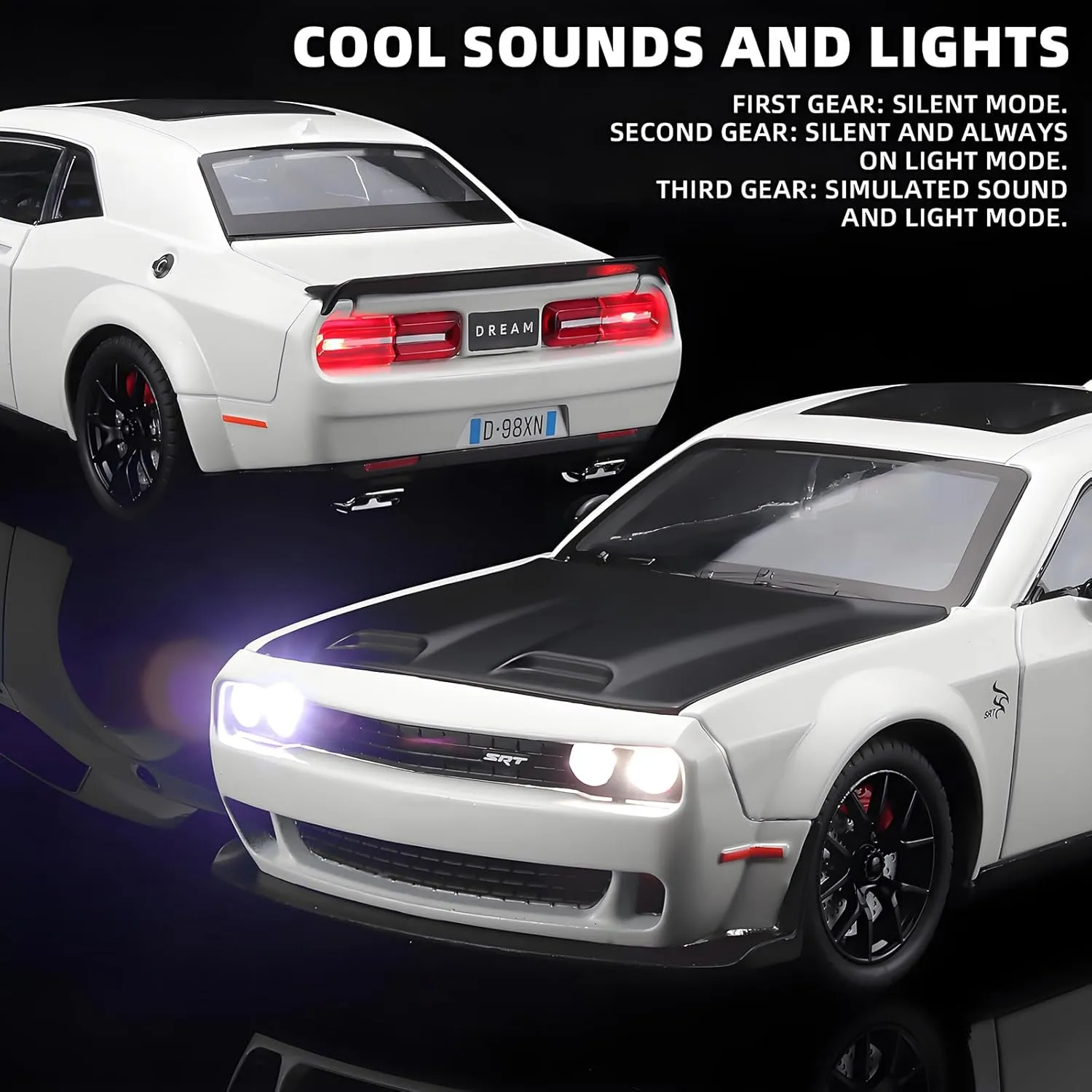 Toddler Toy Cars 1/24 Challenger Hellcat Die Cast Metal Toy Car,Collectible Cars Hellcat Model Car Boy Gifts,Pull Back Toy Car with Light and Sound,Toy Cars for Boys Age 4-7(White)
