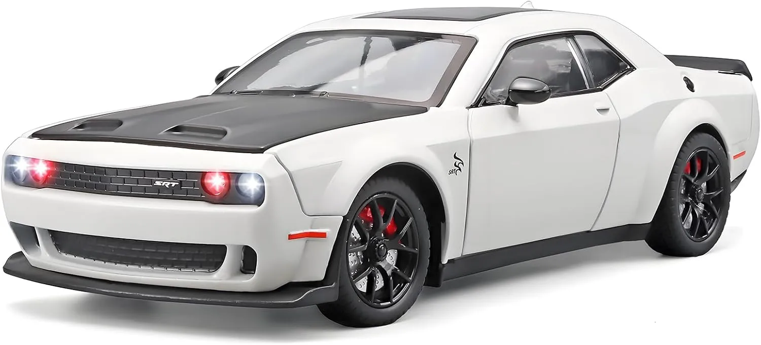 Toddler Toy Cars 1/24 Challenger Hellcat Die Cast Metal Toy Car,Collectible Cars Hellcat Model Car Boy Gifts,Pull Back Toy Car with Light and Sound,Toy Cars for Boys Age 4-7(White)