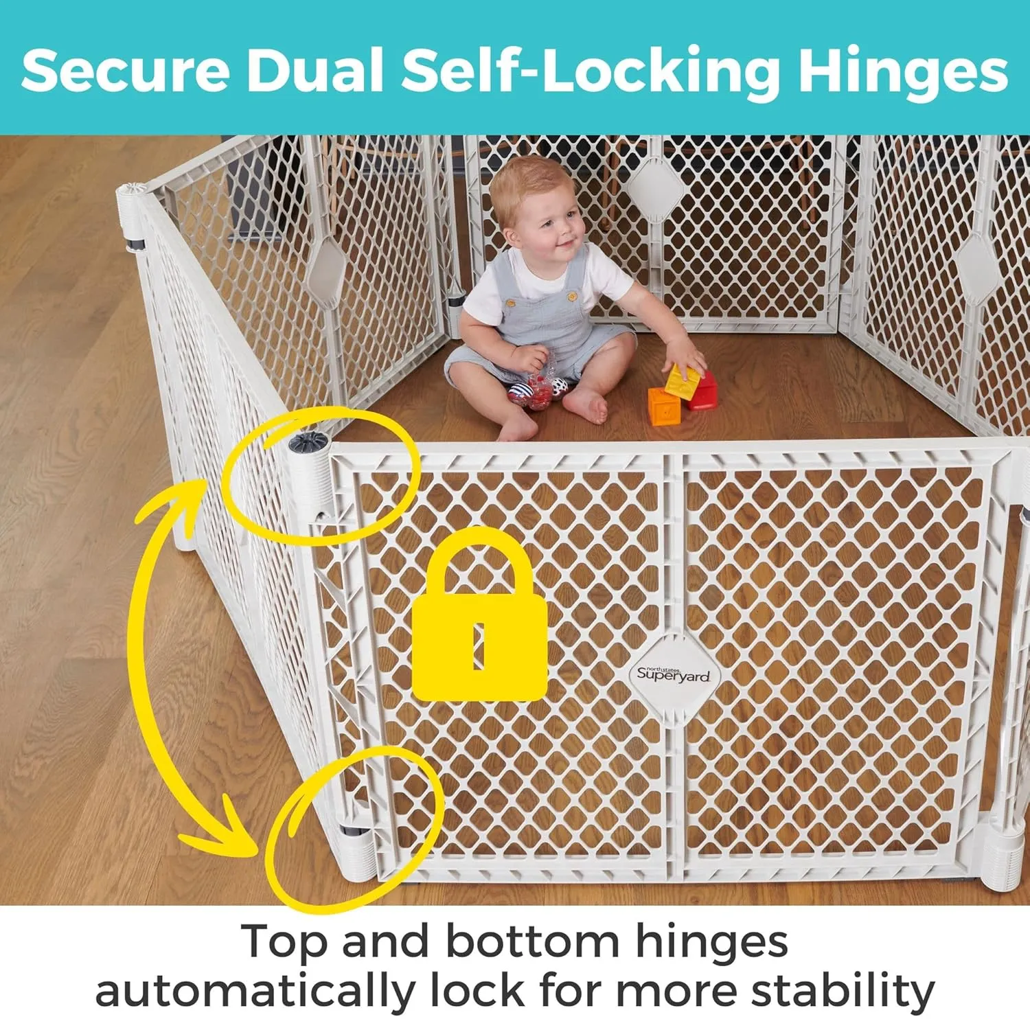 Toddleroo by North States Superyard 6 Panel Baby Play Yard.Playpen/Extra Wide Baby Gate, Wall Mount Kit Included.Made in USA. 38.5"-201"wide, 5.5 ft corner to corner play yard,Plastic (26" tall, Gray)