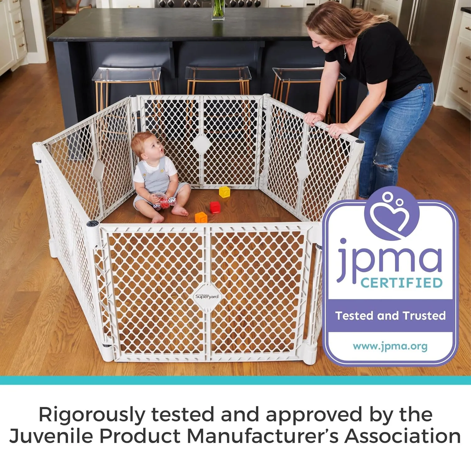 Toddleroo by North States Superyard 6 Panel Baby Play Yard.Playpen/Extra Wide Baby Gate, Wall Mount Kit Included.Made in USA. 38.5"-201"wide, 5.5 ft corner to corner play yard,Plastic (26" tall, Gray)