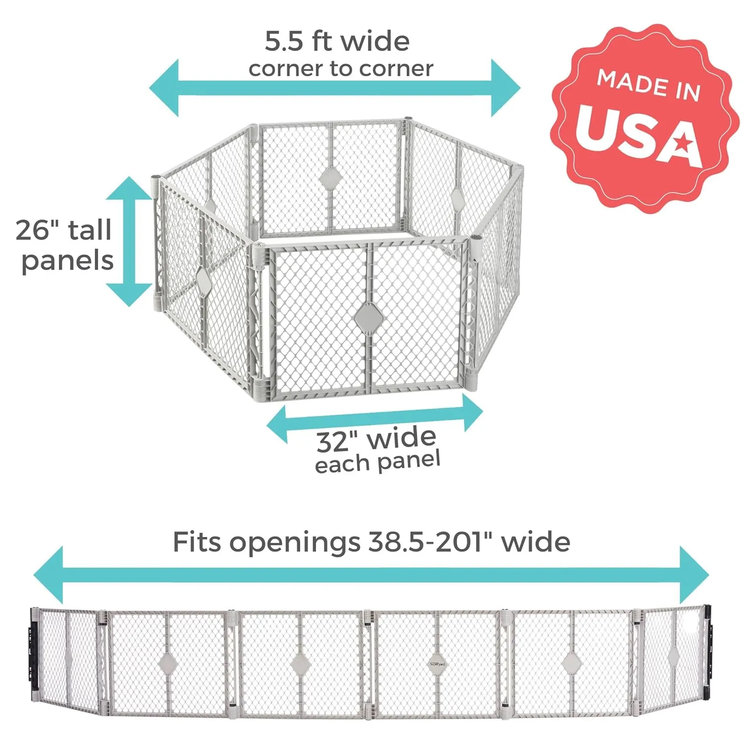 Toddleroo by North States Superyard 6 Panel Baby Play Yard.Playpen/Extra Wide Baby Gate, Wall Mount Kit Included.Made in USA. 38.5"-201"wide, 5.5 ft corner to corner play yard,Plastic (26" tall, Gray)