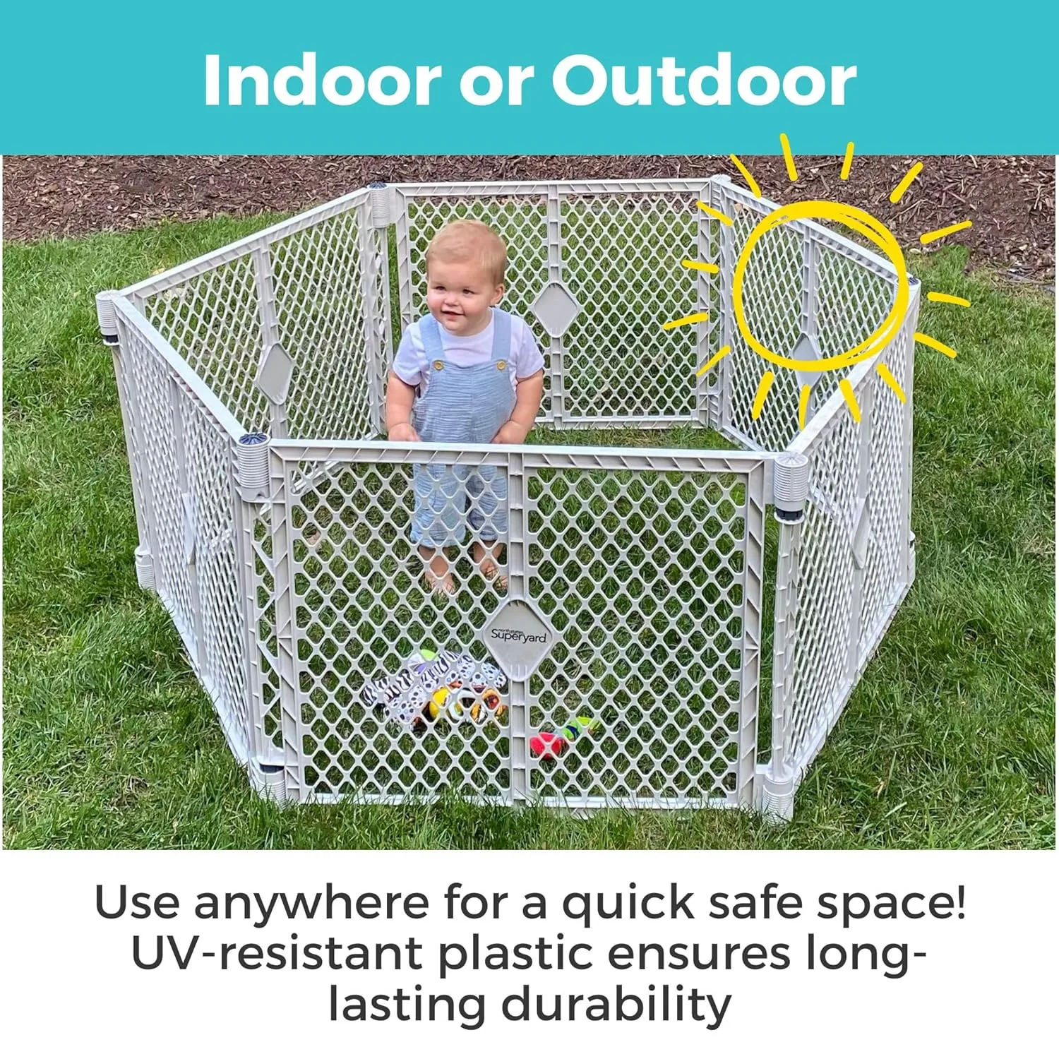 Toddleroo by North States Superyard 6 Panel Baby Play Yard.Playpen/Extra Wide Baby Gate, Wall Mount Kit Included.Made in USA. 38.5"-201"wide, 5.5 ft corner to corner play yard,Plastic (26" tall, Gray)