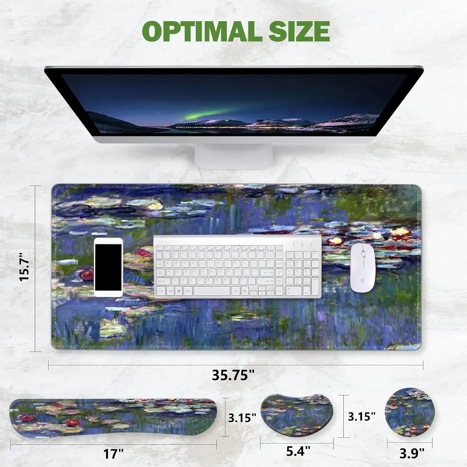 ToLuLu Extended Gaming Mouse Pad, Memory Foam Ergonomic Keyboard Mouse Wrist Rest Support Set, Large Desk Mat with Stitched Edges, Non-Slip Base Mousepad for Home Office Game, Monet Water Lilies