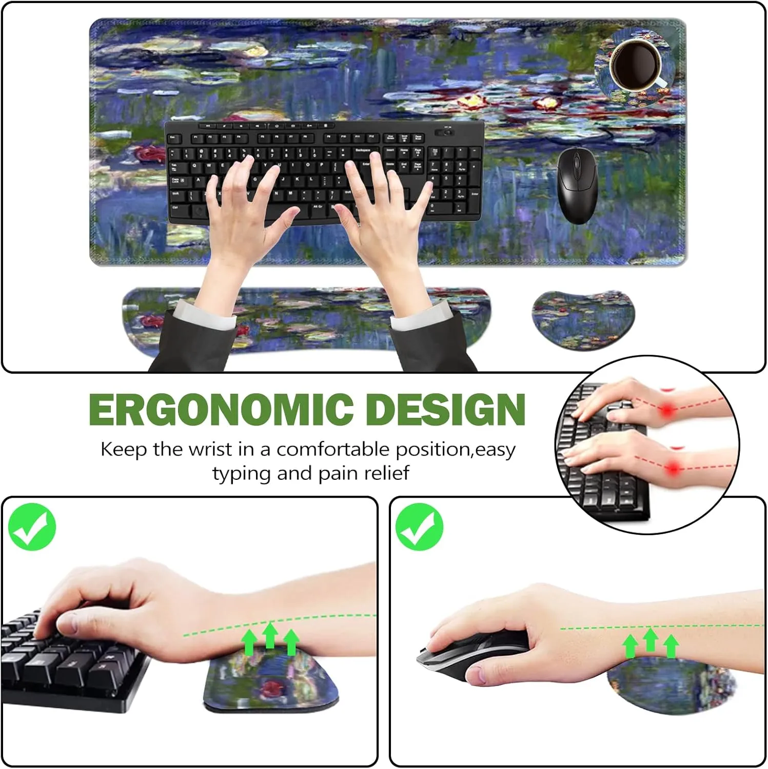 ToLuLu Extended Gaming Mouse Pad, Memory Foam Ergonomic Keyboard Mouse Wrist Rest Support Set, Large Desk Mat with Stitched Edges, Non-Slip Base Mousepad for Home Office Game, Monet Water Lilies