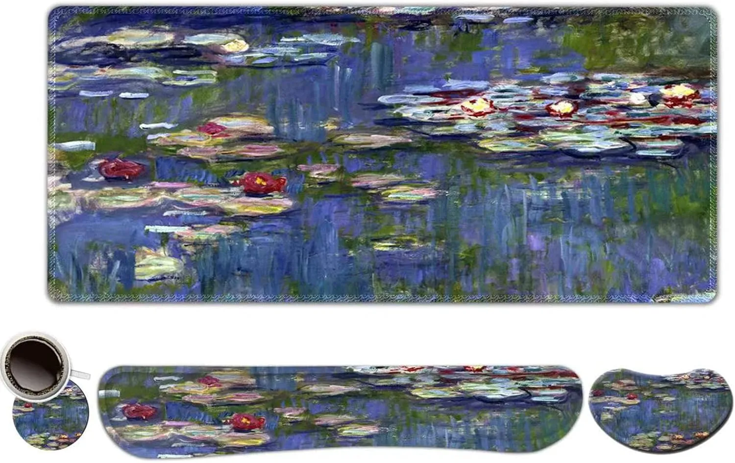 ToLuLu Extended Gaming Mouse Pad, Memory Foam Ergonomic Keyboard Mouse Wrist Rest Support Set, Large Desk Mat with Stitched Edges, Non-Slip Base Mousepad for Home Office Game, Monet Water Lilies