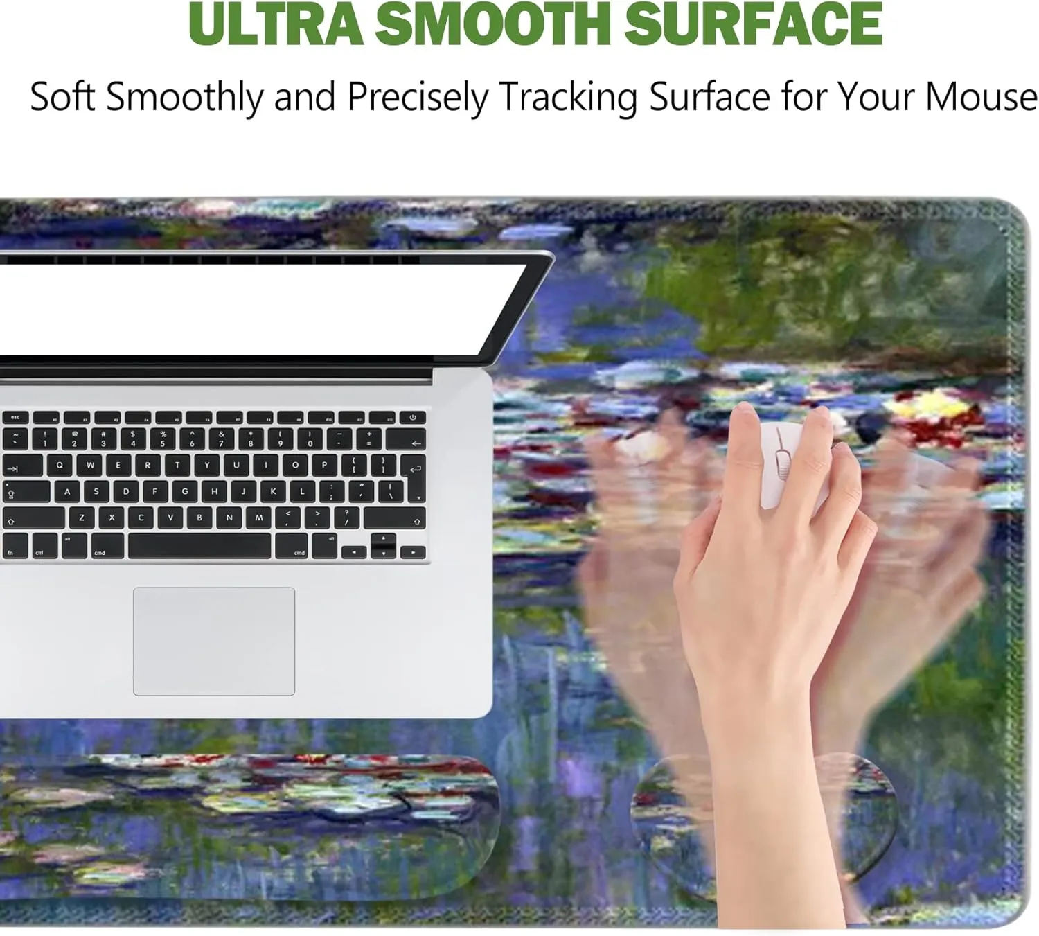 ToLuLu Extended Gaming Mouse Pad, Memory Foam Ergonomic Keyboard Mouse Wrist Rest Support Set, Large Desk Mat with Stitched Edges, Non-Slip Base Mousepad for Home Office Game, Monet Water Lilies
