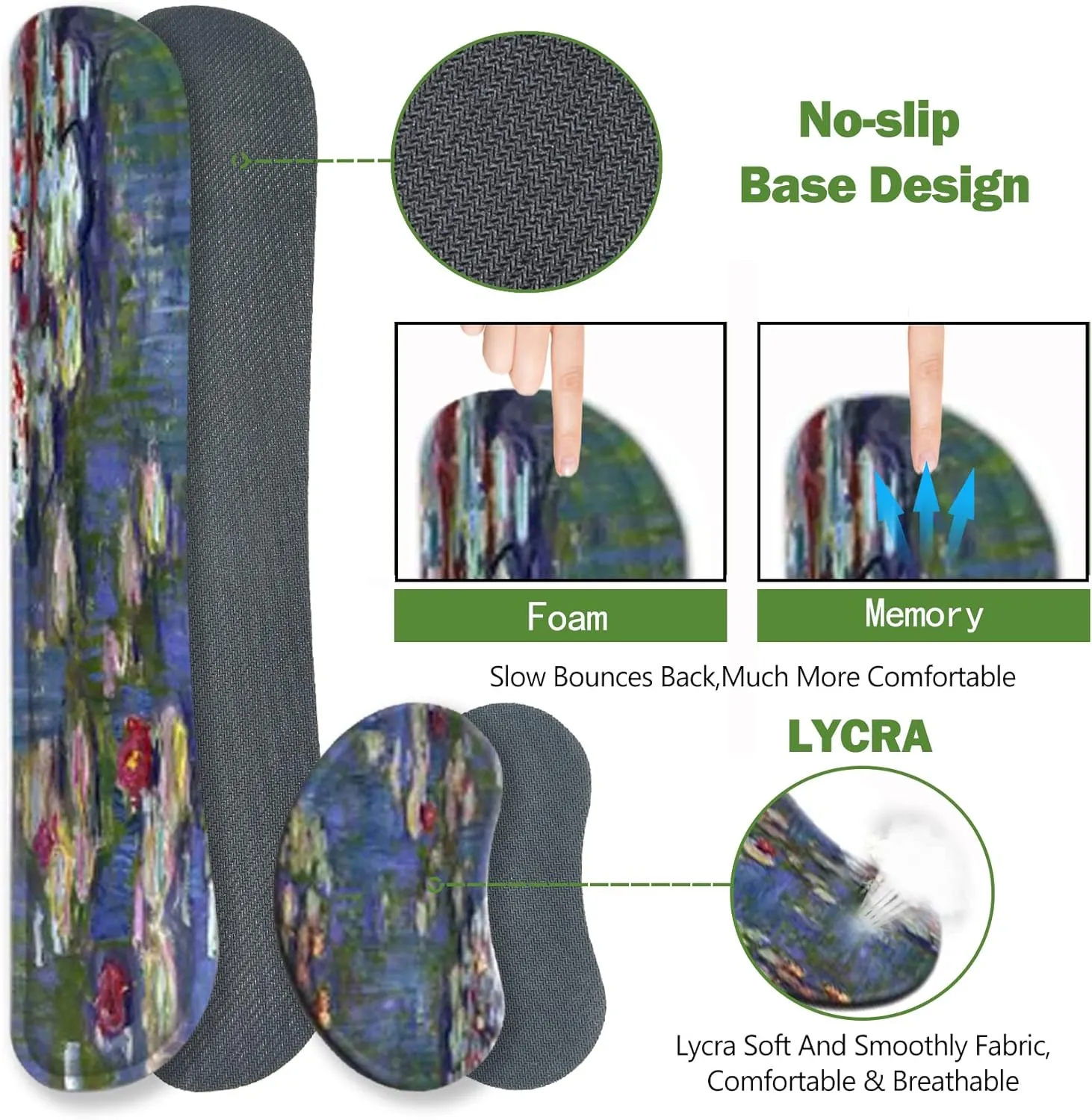 ToLuLu Extended Gaming Mouse Pad, Memory Foam Ergonomic Keyboard Mouse Wrist Rest Support Set, Large Desk Mat with Stitched Edges, Non-Slip Base Mousepad for Home Office Game, Monet Water Lilies