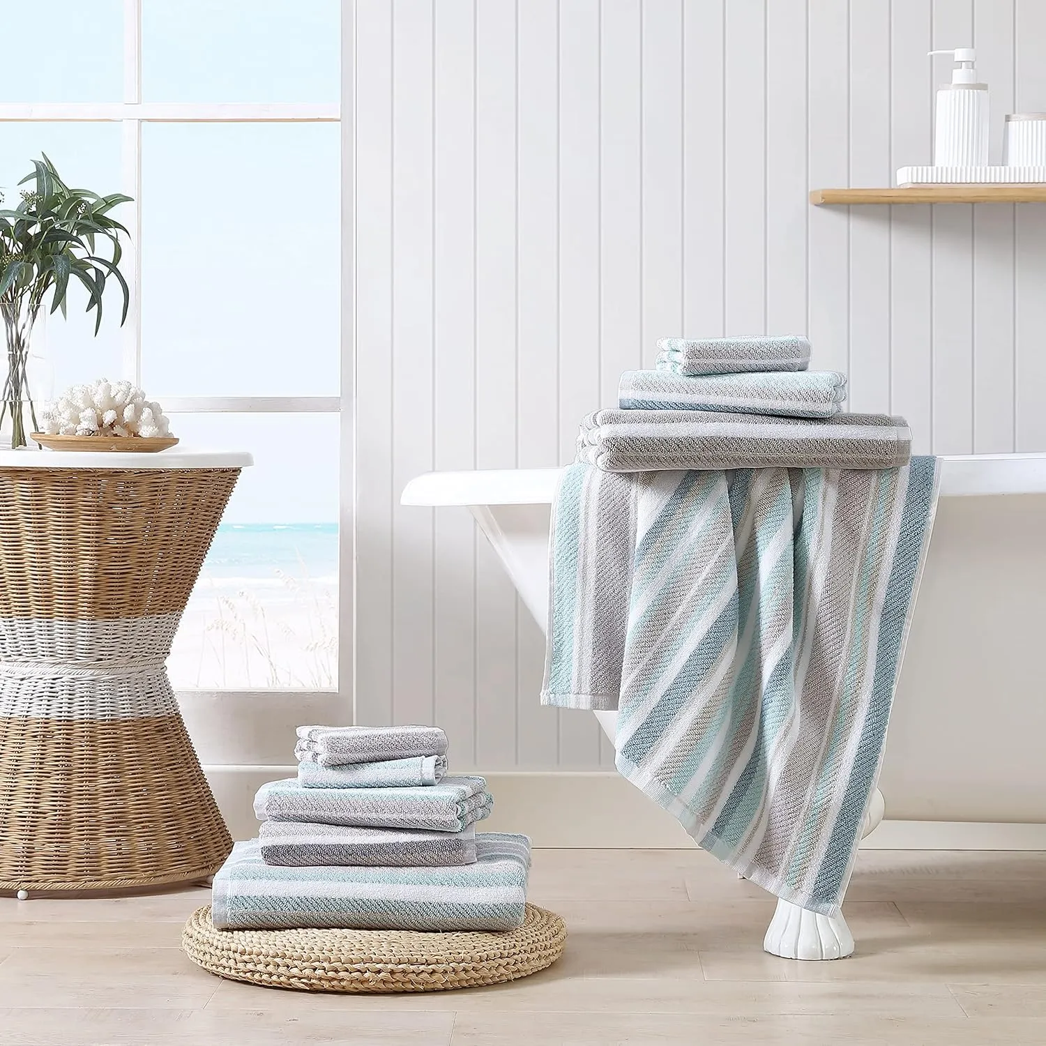 Tommy Bahama - Bath Towels Set, Highly Absorbent Cotton Bathroom Decor, Fade Resistant (Ocean Bay Tranquail Blue, 3 Piece)