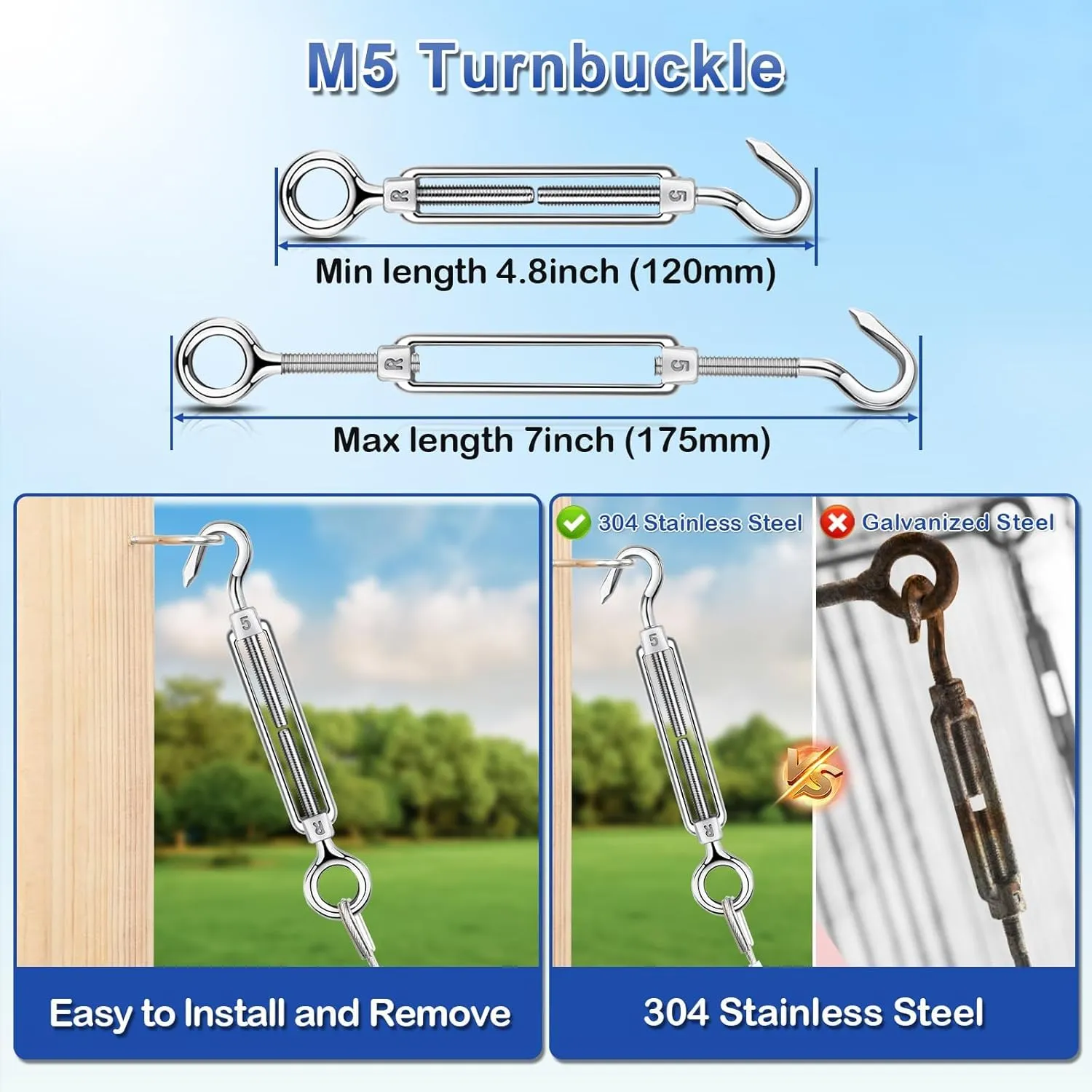 TooTaci 1/8" Wire Rope Kit, 200FT Vinyl Coated 304 Stainless Steel Cable with M5 Turnbuckles for Cables Wire for String Light Hanging, Clothesline, Garden Trellis, Curtain