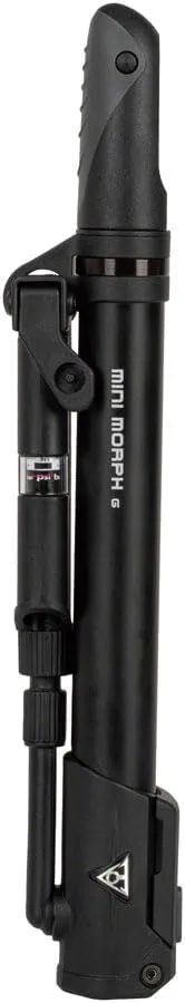 Topeak Mini Morph G (TMM-2GB) – Compact Mini Pump with in-Line Gauge – 140 PSI / 9.6 Bar – Presta, Schrader & Dunlop Compatible – Fold-Out Foot Pad & Flexible Hose – Includes Mount Bracket