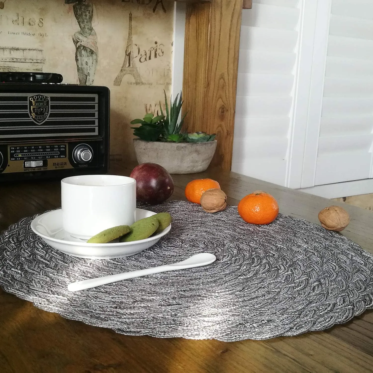 Topotdor Round Placemats Heat-Resistant Stain Resistant Anti-Skid Washable Polyproplene Table Mats Placemats (Set of 6, Braided-Gray)