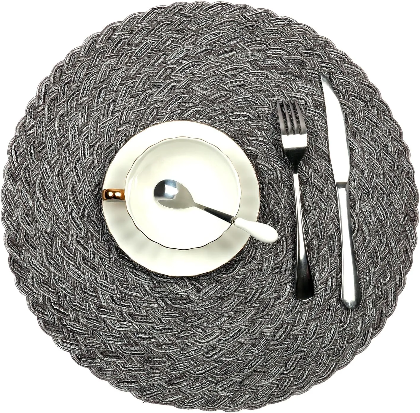 Topotdor Round Placemats Heat-Resistant Stain Resistant Anti-Skid Washable Polyproplene Table Mats Placemats (Set of 6, Braided-Gray)