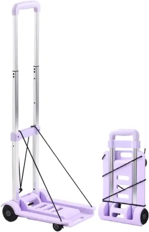 Travel Cart with Wheels, Folding Hand Truck, Aluminum Small Carrying Cart for Hand Luggage, Backpack Mini Trolley Loadable 222lbs Gift Purple