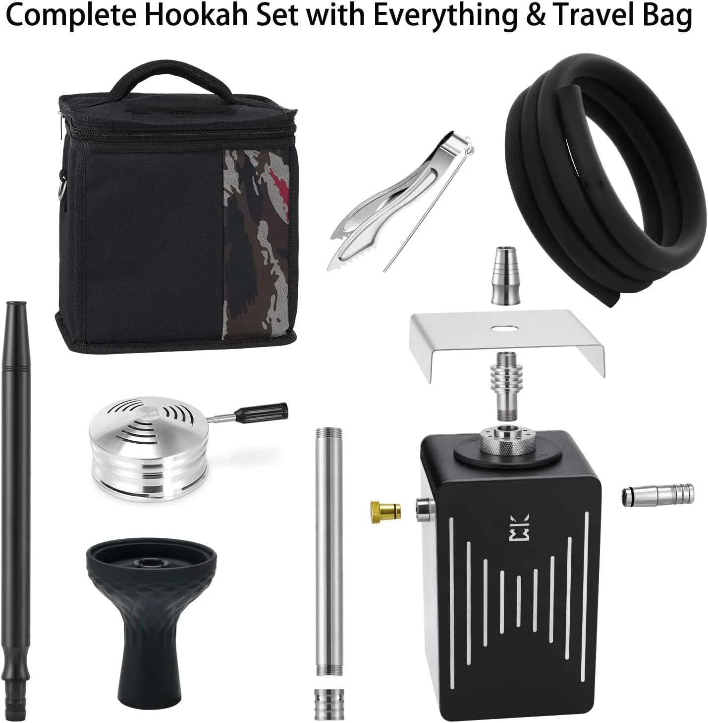 Travel Hookah Set with Everything - Portable Shisha Hookahs with Nylon Bag Include HMD Phunnel Bowl | Silicone Hose | Multi Colors LED Light | Charcoal Tongs | Easy to assemble Use and Clean