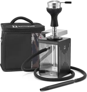 Travel Hookah Set with Everything - Portable Shisha Hookahs with Nylon Bag Include HMD Phunnel Bowl | Silicone Hose | Multi Colors LED Light | Charcoal Tongs | Easy to assemble Use and Clean
