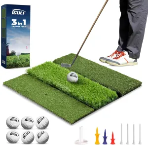 Tri-Turf 3-in-1 Golf Hitting Mat - XL 24"x24" Foldable Practice Pad w/Adjustable Tees, Non-Slip EVA Foam Base, Indoor & Outdoor Use for Chipping, Driving, Swing Training, Backyard or Garage