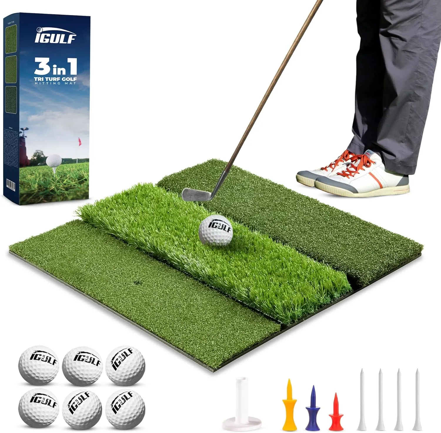 Tri-Turf 3-in-1 Golf Hitting Mat - XL 24"x24" Foldable Practice Pad w/Adjustable Tees, Non-Slip EVA Foam Base, Indoor & Outdoor Use for Chipping, Driving, Swing Training, Backyard or Garage