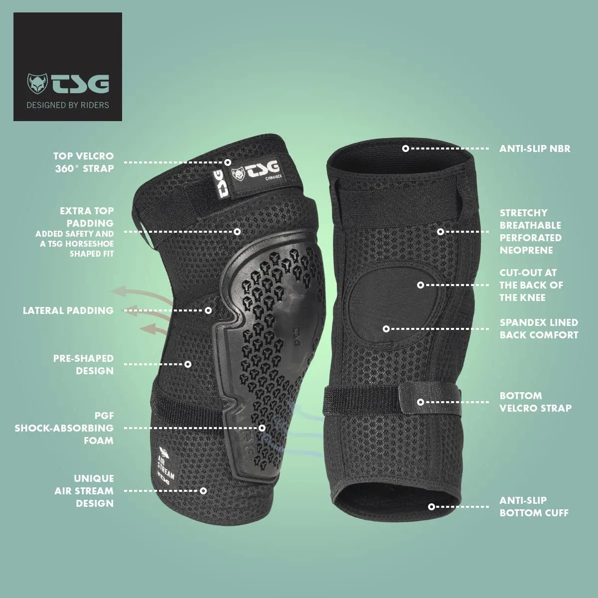 TSG Kneeguard Chamber, Bike Protection Pad, Softshell, Gel Foam, Superlight, Pre-Shaped, Comfortable, Ventilated, Flexible, Shock Absorbent, Non-Slip NBR Top, Silicone Bottom, Pull Over, Swiss Design