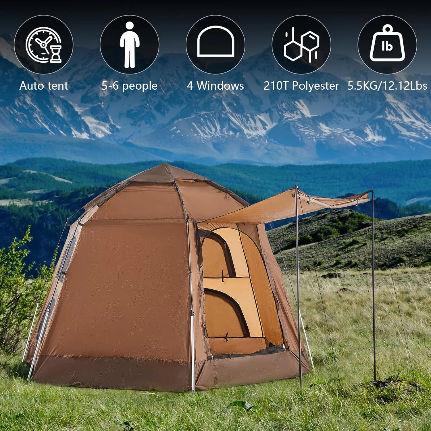 TUKAILAI Instant Camping Tent, Hexagonal Design Automatic Dome Tent with 4 Mesh Windows and 1 Door, Easy Setup Pop Up Tent with Vestibule & Rainfly